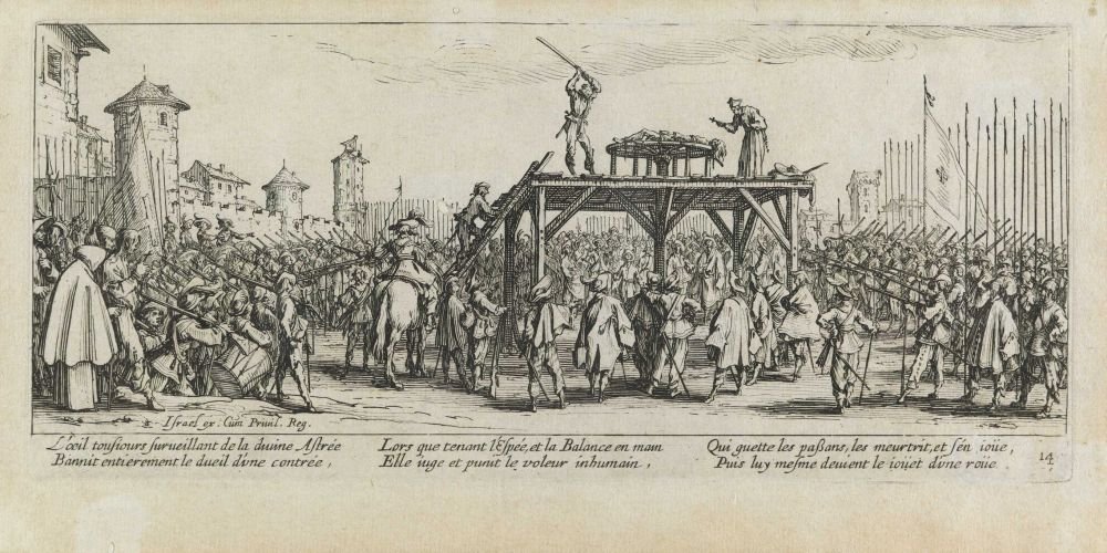 La tortura de la rueda Les miseres et les mal-heures de la guerre, pl. 14 de Jacques Callot