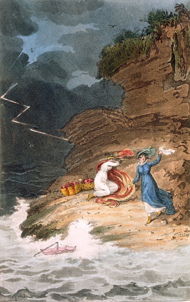 Dos bellezas tempranas de la Regencia atrapadas en una orilla por una tormenta, grabado por Joseph Constantine Stadler, c.1795-1805 de James Green