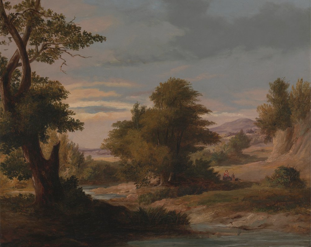 Paisaje fluvial arbolado con madre e hijo de James Arthur O