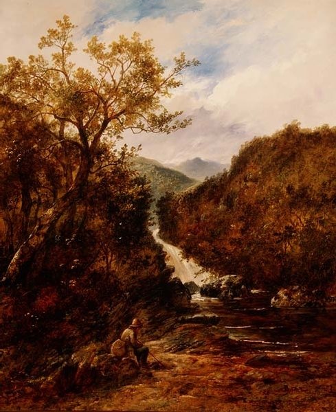 Pescador junto a una cascada boscosa de James Charles Ward