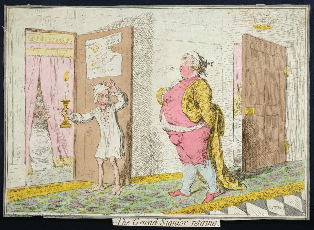 El Gran Señor Retirándose, publicado por Hannah Humphrey en 1796 de James Gillray