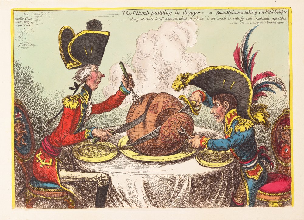 El pudín de ciruela en peligro o epicúreos del estado tomando un petit souper de James Gillray