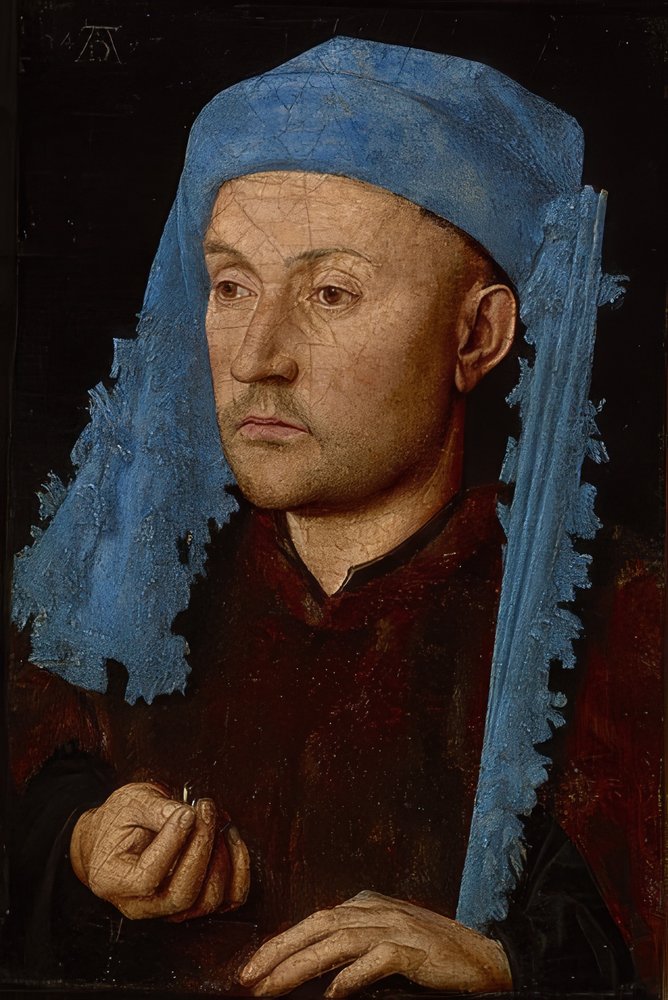 Retrato de un hombre con chaperón azul (Hombre con el anillo). Hacia 1429 de Jan van Eyck