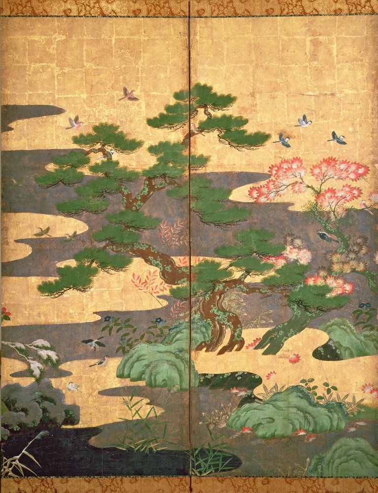 Aves con flores de otoño e invierno de Japanese School