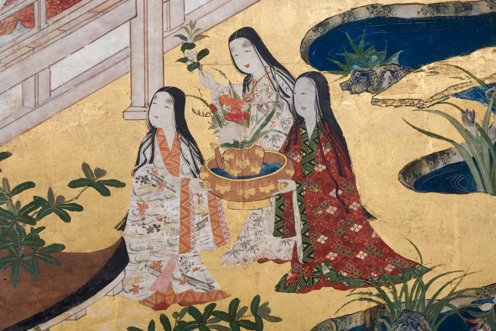 Detalle de Primavera en el Palacio, biombo de seis paneles de El Cuento de Genji, c.1650 de Japanese School