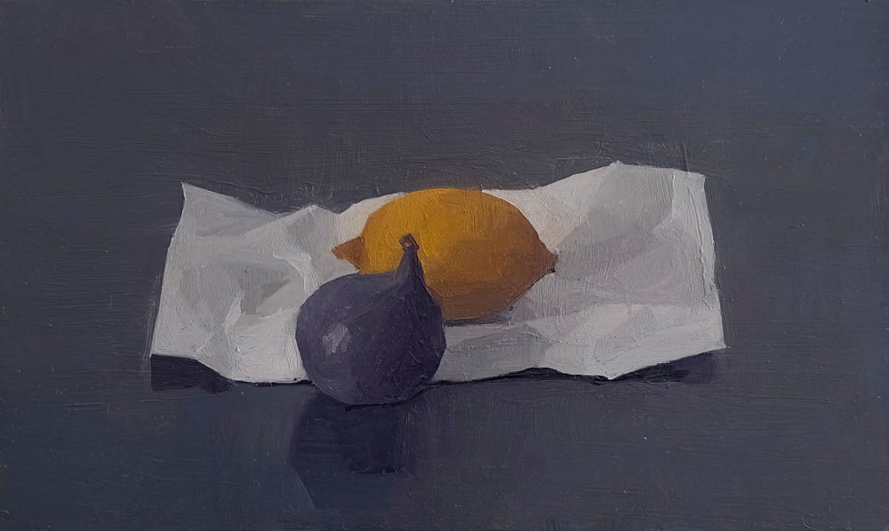 Higo y limón, 2016 (óleo sobre madera de tilo) de Jason Line