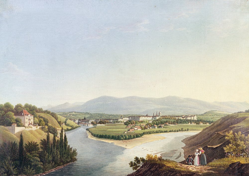 Vista de Ginebra desde la confluencia del Ródano y el Arve, grabado por Friedrich Salathe (1793-1860) de Jean Dubois
