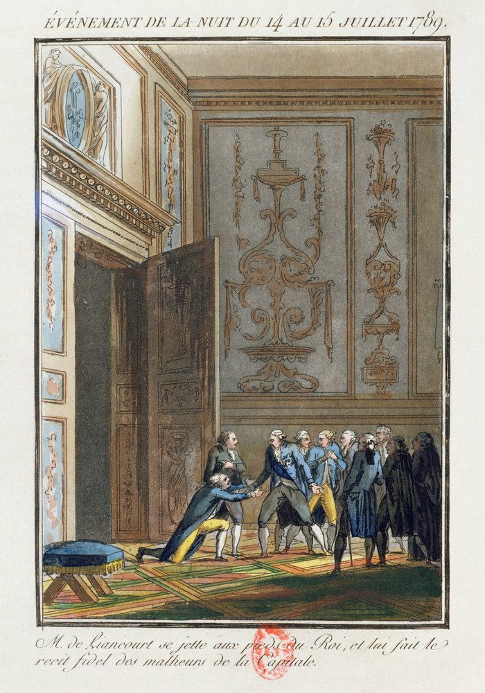 Monsieur de Liancourt (1747-1827) informando a Luis XVI (1754-93) en Versalles de los eventos en París el 14 de julio de 1789 de Jean-Francois Janinet