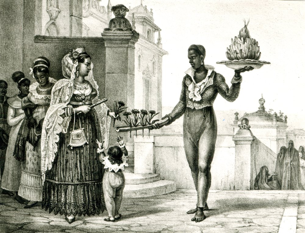Vendedora de flores ante la puerta de una iglesia, de «Voyage Pittoresque et Historique au Brésil» de Jean Baptiste Debret