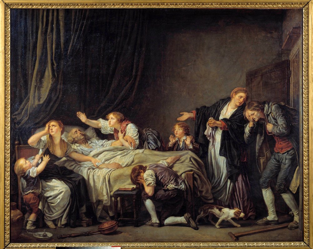 El hijo castigado. El hijo vuelve a casa y encuentra a su familia llorando junto al lecho de su padre muerto. 1778. Sol. 1,3 x 1,63 m de Jean-Baptiste Greuze