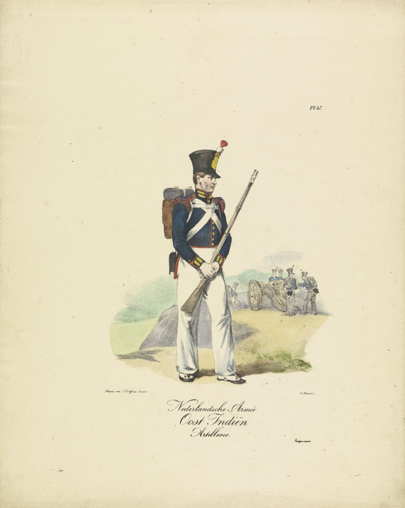 Artillero del Ejército de las Indias Orientales Holandesas, 1820-1825 Artillería de las Indias Orientales de la Armée Holandesa (título sobre el objeto) Trajes militares del Reino de los Países Bajos. Dedicado a Su Excelencia Willem van Bylandt (título de  de Jean-Baptiste Madou