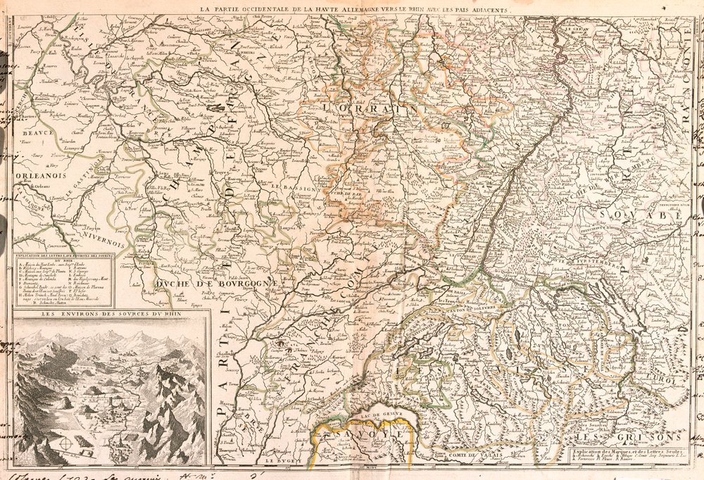 Mapa del área alrededor del Rin (Alemania, Suiza, Francia)