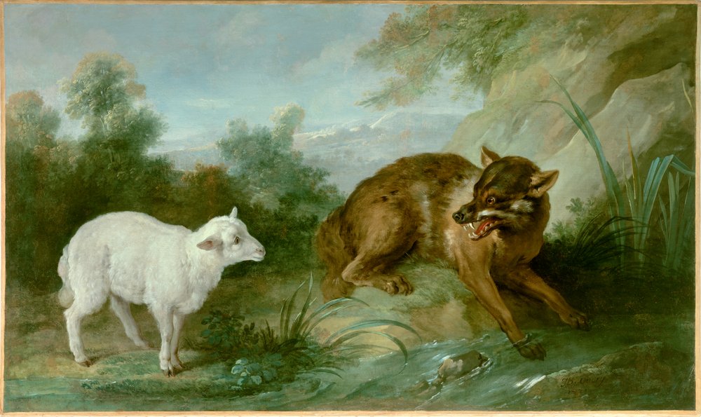 El lobo y el cordero. Ilustración de una fábula de Jean de La Fontaine de Jean-Baptiste Oudry