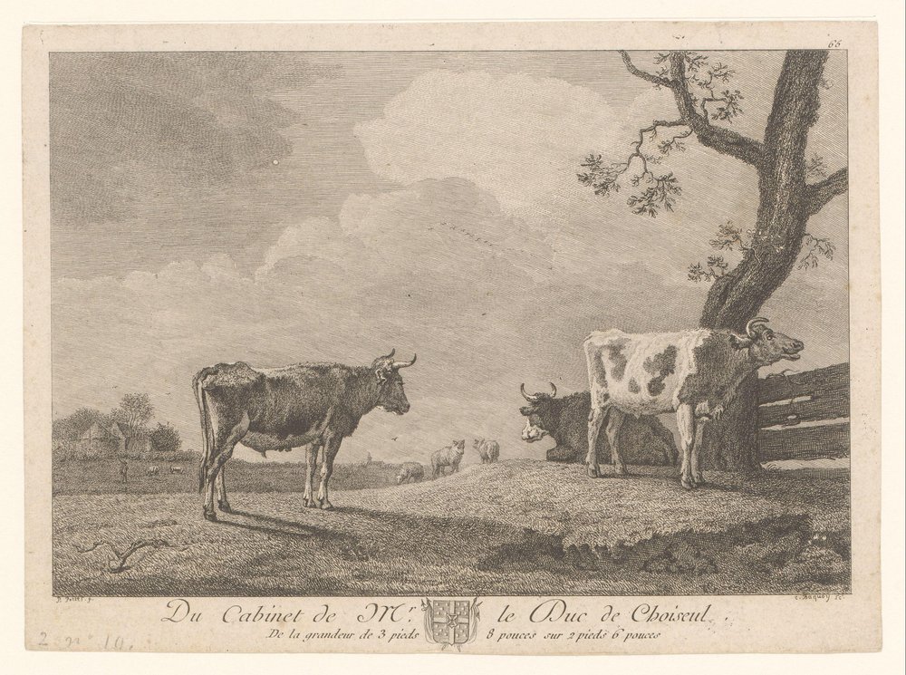 Tres vacas en un prado Obras de la colección de Étienne François de Choiseul (título de la serie) Du gabinete de mr. le Duc de Choiseul (título de la serie sobre el objeto) de Jean Charles Baquoy