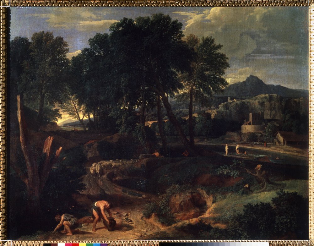 ""Paisaje con un rebaño de ovejas en el camino"" (Paisaje con un rebaño de ovejas en el camino) Pintura de Jean Francois Millet The Elder (1642-1679) Museo Pushkin del siglo XVII, Moscú de Jean Francois I Millet
