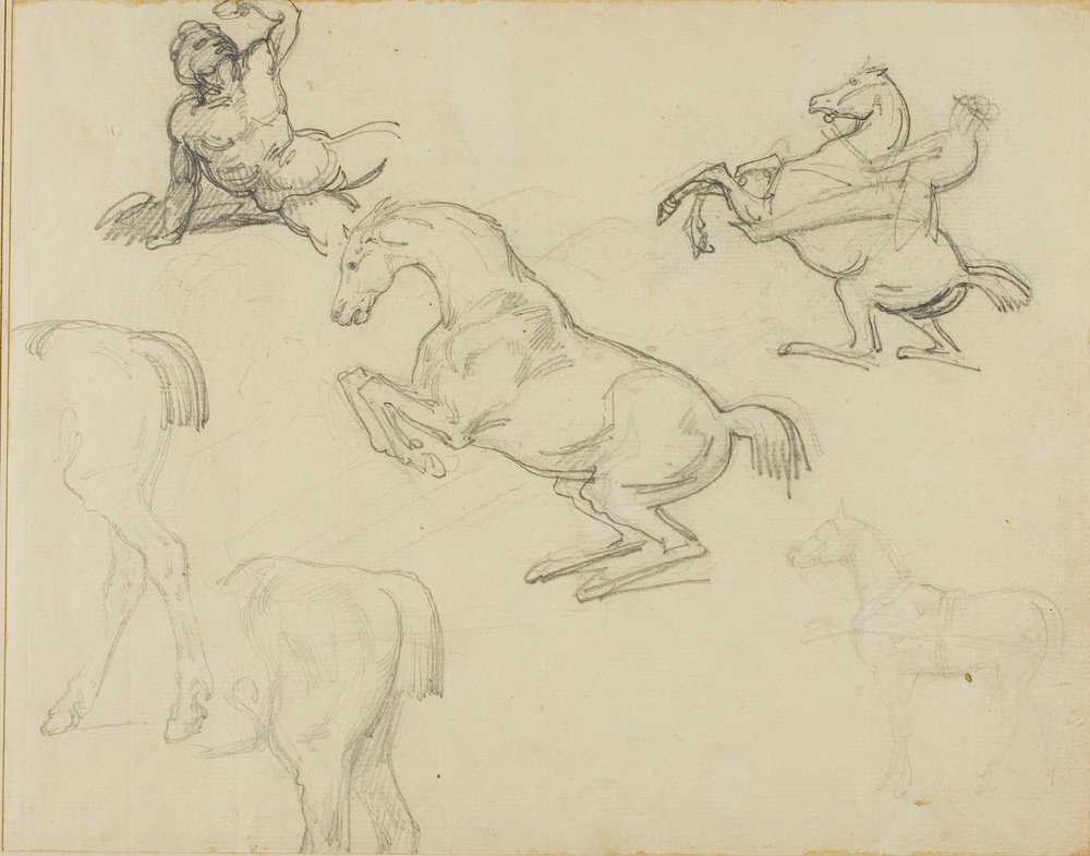 Bocetos: Desnudo recostado, un jinete y varios caballos de Jean Louis André Théodore Géricault