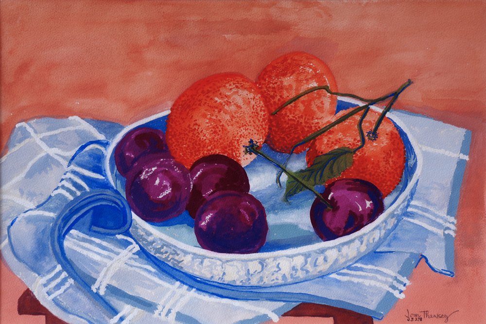 Ciruelas y mandarinas en un plato, 2013 de Joan Thewsey