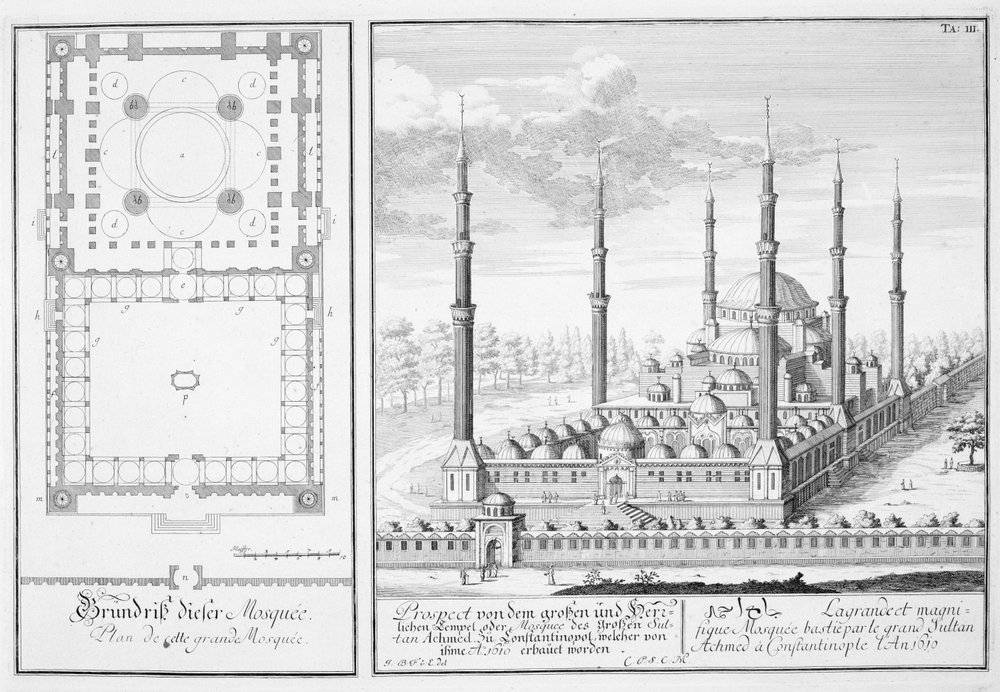 Plano y vista de la Mezquita Azul (1609-16), construida por el sultán Ahmed I (1603-17), Estambul, de 