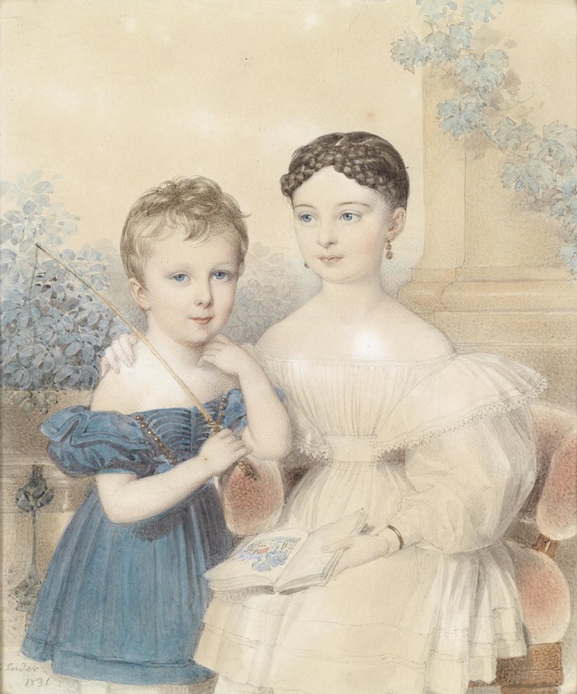 Retrato de un niño con vestido azul y una niña sosteniendo un libro de imágenes de Johann Ender
