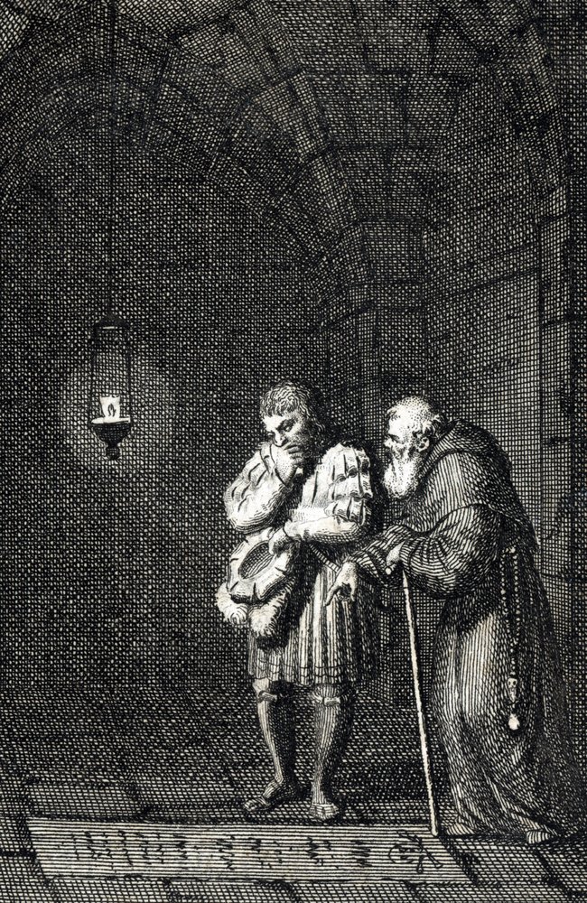 Emperador Carlos IV (1346-1378) recogiendo en la tumba de Widukind de Sajonia (o Wittekind de Sajonia) a Enger Alemania en 1377 (Carlos IV, Emperador del Sacro Imperio Romano Germánico en la tumba de Widukind (Widuking o Wittekind) en Enger, Alemania) Grab de Johann Michael Mettenleiter