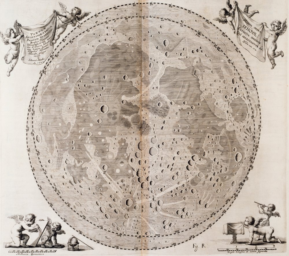 Primer mapa detallado de la Luna dibujado en 1647 por Johann Hevelius, impresión tomada del atlas celestial de Johann Hevelius 
