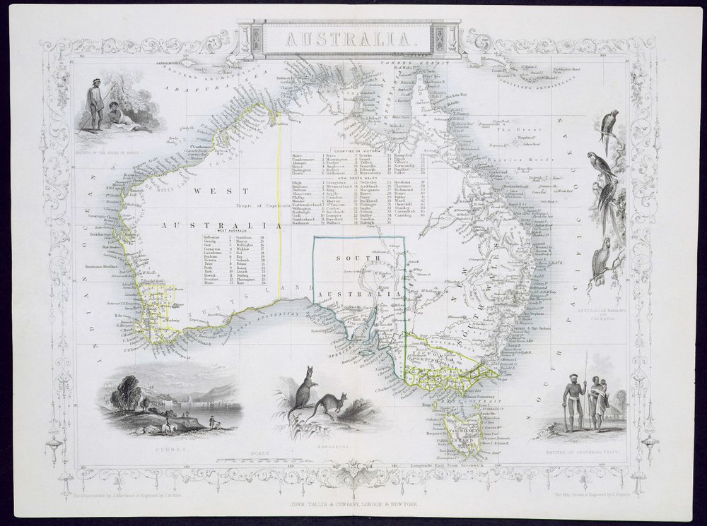 Australia, de una serie de mapas mundiales publicados por John Tallis und Co., Londres y Nueva York, 1850s de John Rapkin
