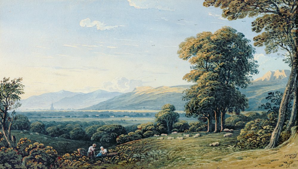 Figuras descansando en una ladera con una aguja de iglesia al fondo, 1825 de John Varley