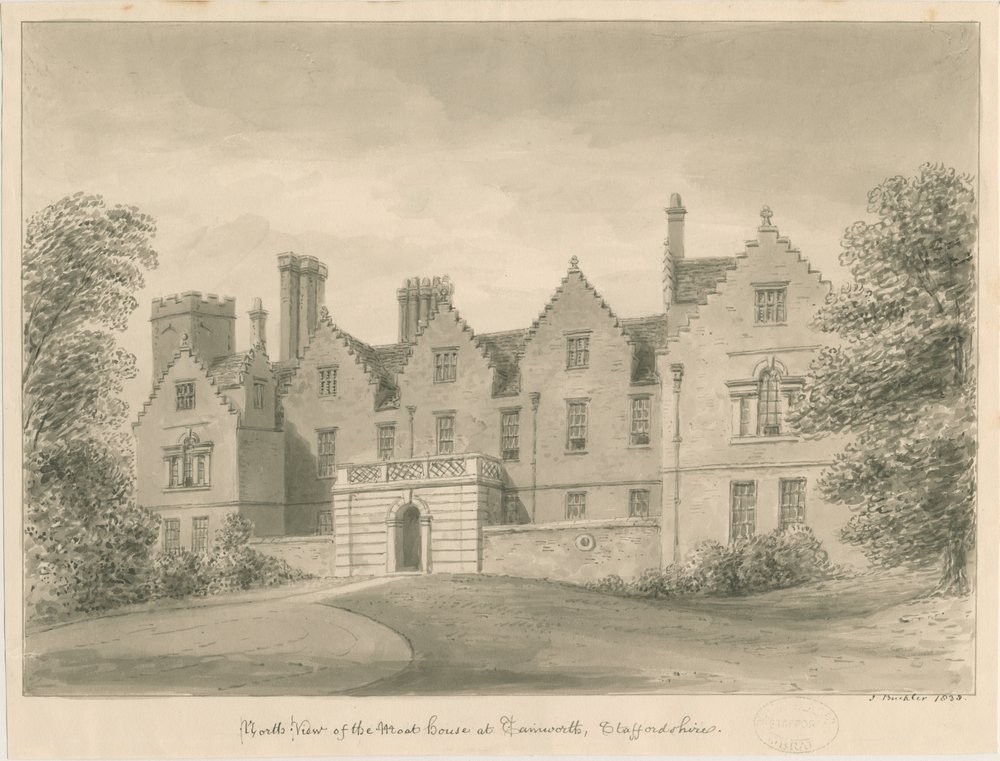 Tamworth - The Moat House: dibujo en sepia de John Buckler