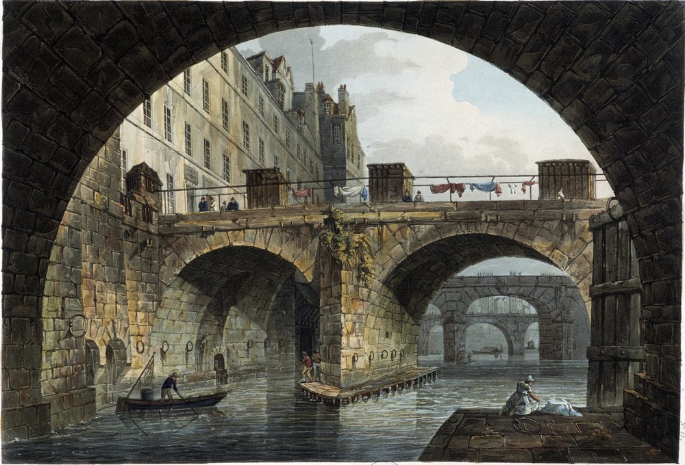 París: el pequeño puente y el Hotel Dieu - en "París visto por J.C. Mats", ed. Miller, Londres de John Claude Nattes