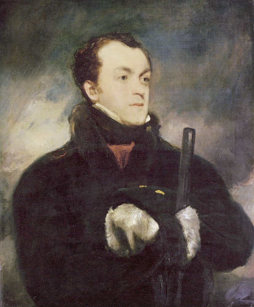 Retrato del Capitán Lyon, medio cuerpo, con un abrigo con ribete de piel, sosteniendo un arma de John Jackson