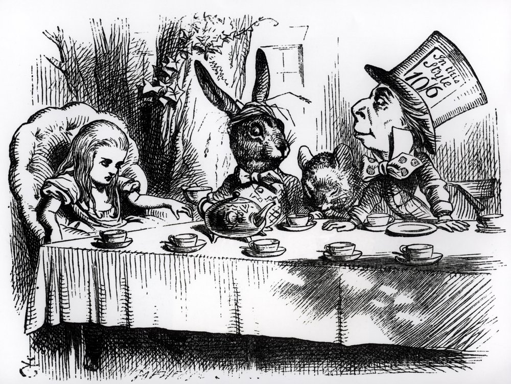 La fiesta del té del Sombrerero Loco, ilustración de 