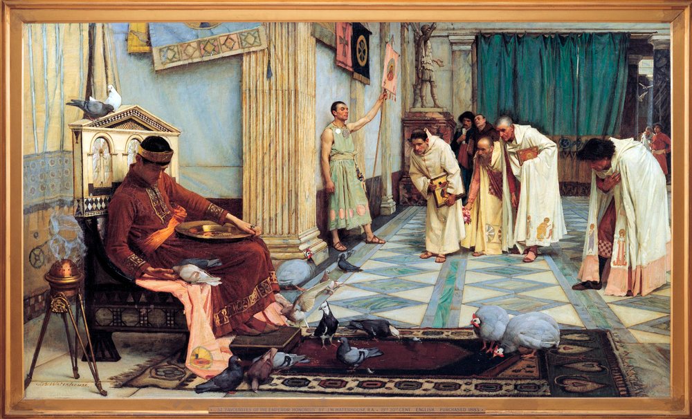 ""Favoritos del emperador romano occidental Honorio (384-423)"" Representación del emperador alimentando a sus pájaros mientras sus asesores se inclinan humildemente - Pintura de John William Waterhouse (1849-1917) 1883 Galería de arte de Australia Meridio de John William Waterhouse