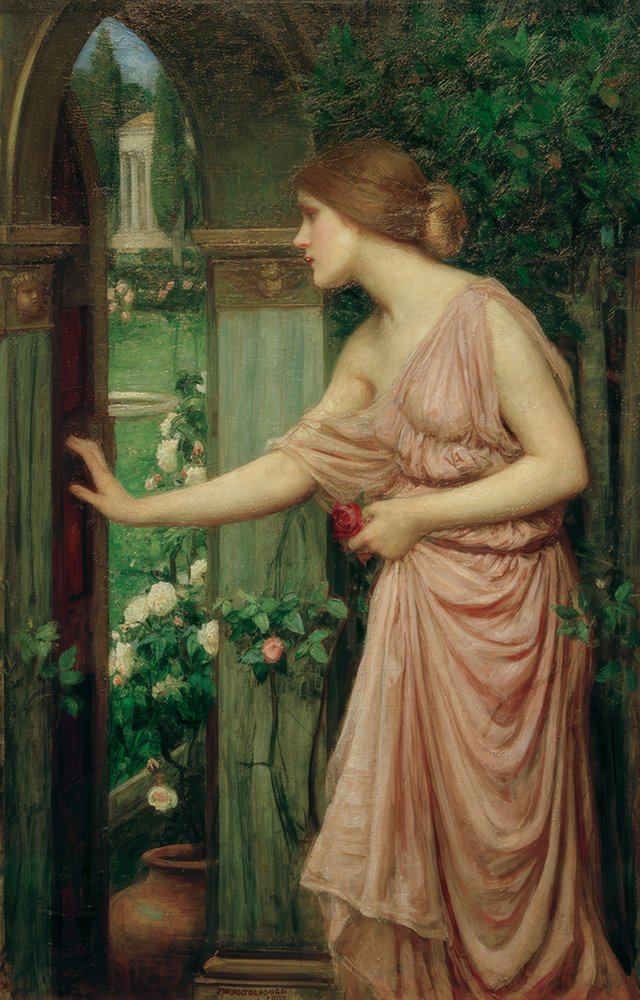 Psique abriendo la puerta del jardín de Cupido de John William Waterhouse