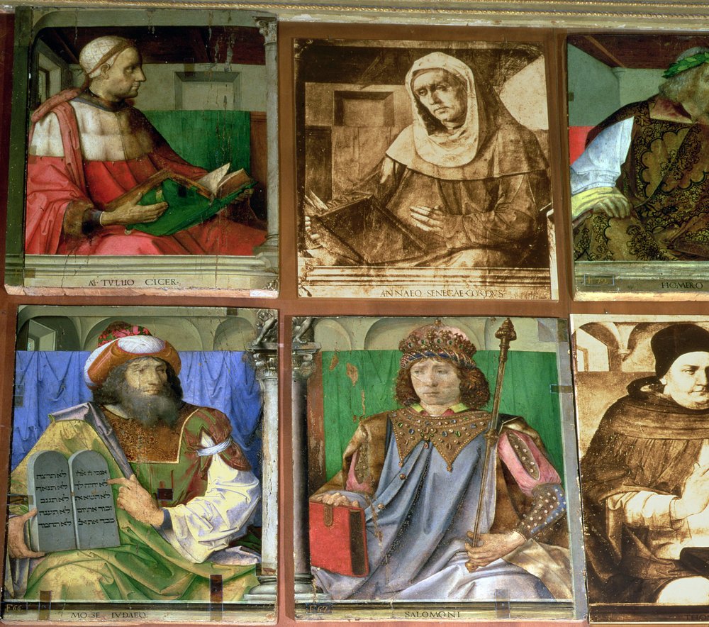 El Estudio de Federigo da Montefeltro, Duque de Urbino, en el sentido de las agujas del reloj desde TL: Cicerón, orador romano; Séneca, filósofo estoico romano; Homero, poeta épico griego; San de Joos van Gent