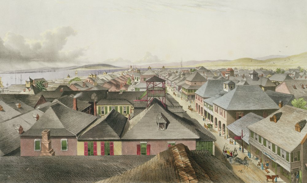 Ciudad de Kingston desde las Commercial Rooms, mirando hacia el oeste, lámina 20 de West Indian Scenery: Illustrations of Jamaica, grabada por el artista, publicada en 1838-40 de Joseph Bartholomew Kidd