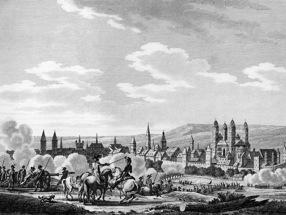 Revolución francesa y Movimiento Antirrevolucionario Prusiano: Captura de la ciudad de Speyer en octubre de 1792, Alemania. Grabado de Berthaut después de Swebach. París, Biblioteca del Instituto de Historia de la Revolución de Joseph (after) Swebach-Desfontaines