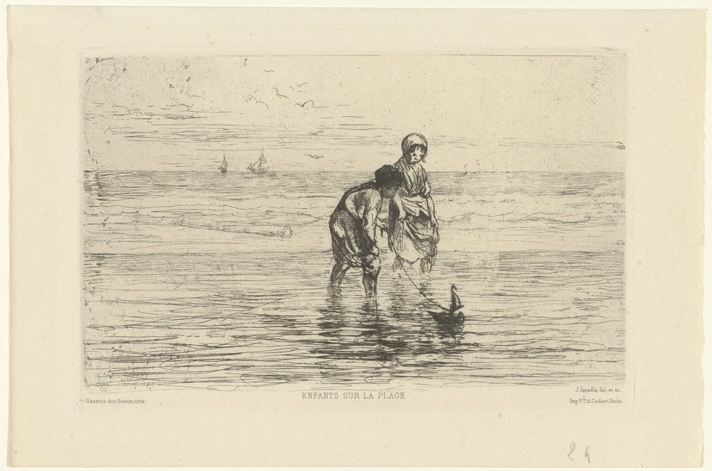Niños jugando con un bote en la playa Enfants sur la plage (título sobre objeto) de Jozef Israëls
