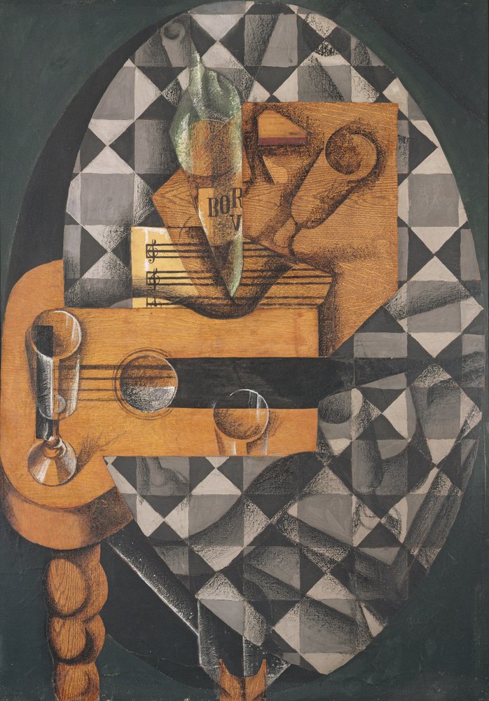 Guitarra, botella y vaso, 1914 de Juan Gris