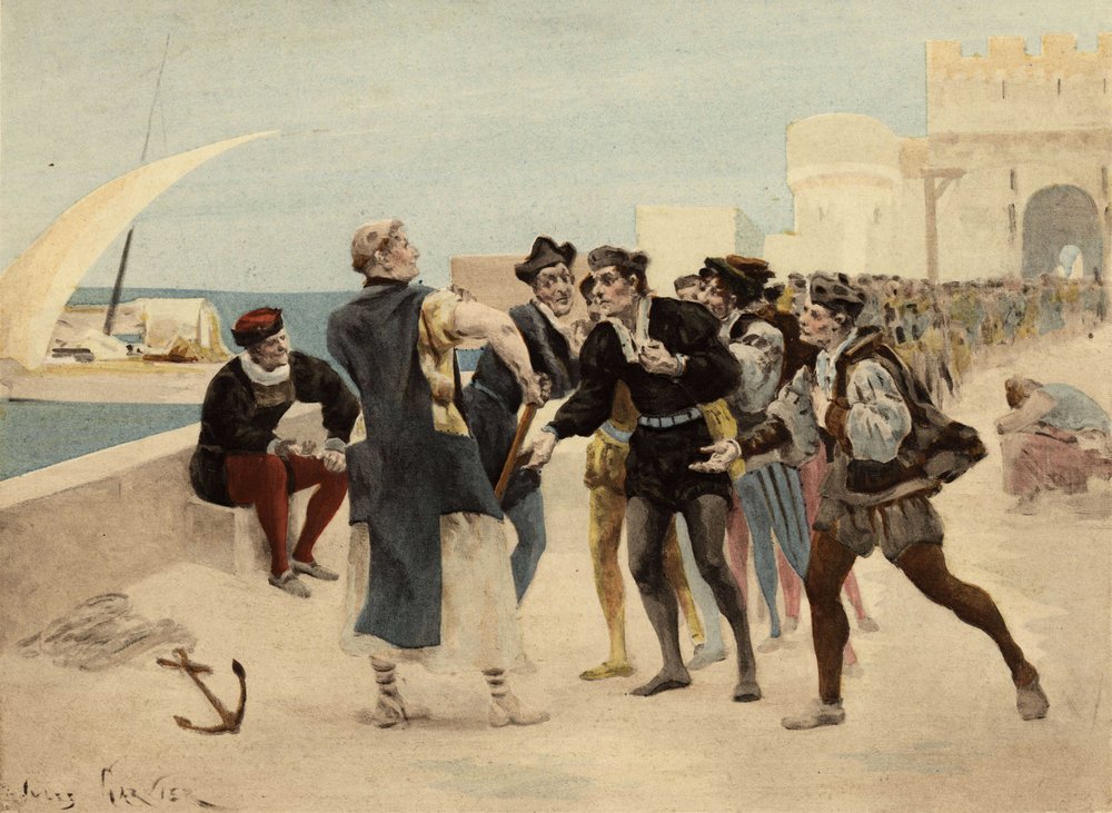 El Hermano Jean, monje de la Abadía de Seuille, ofreciendo veinte ecus de oro a los Chiquanous por quien acepte ser vencido. Pantagruel. Ilustración de Jules Garnier. En "Rabelais et l