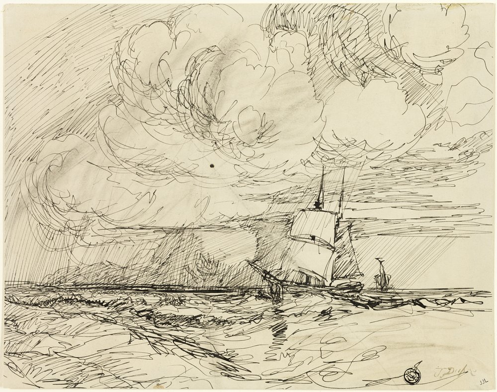 Barcos en el Mar Durante Tormenta de Jules Dupré