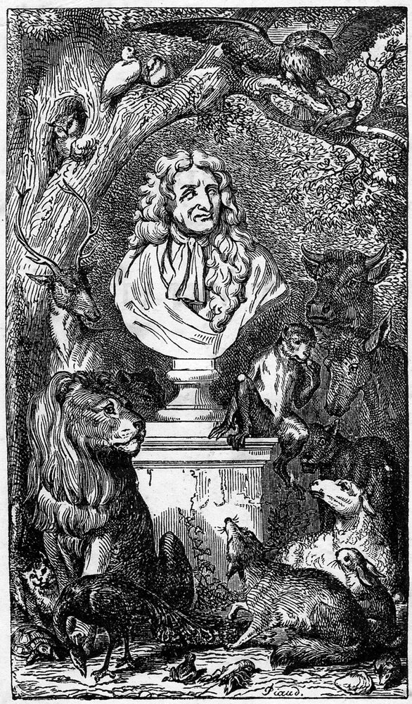 Busto alegórico de Jean de La Fontaine, rodeado de animales; frontispicio de un libro de las Fábulas de la Fontaine de Karl Girardet