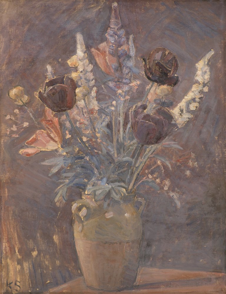 Jarrón de barro con tulipanes y otras flores de Karl Schou