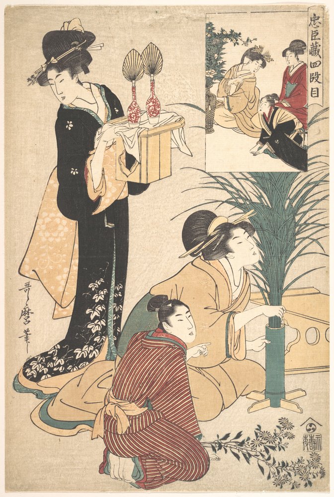 Una mujer y un hombre arreglando flores para el Tsukimi (Fiesta de la Luna) de Kitagawa Utamaro