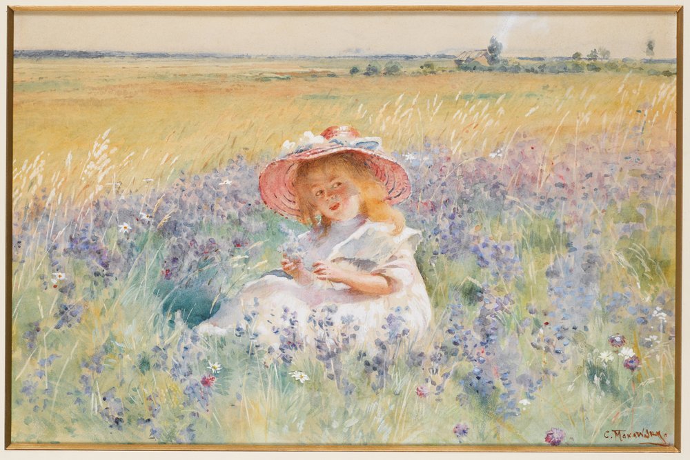 Una joven en un campo de salvia, margaritas y cola de zorra de Konstantin Egorovich Makovsky