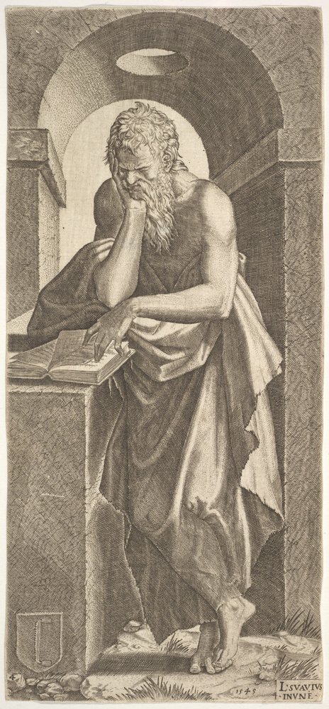 San Simón ante un libro abierto con los dedos de su mano izquierda presionados sobre él, 1545 de Lambert Suavius