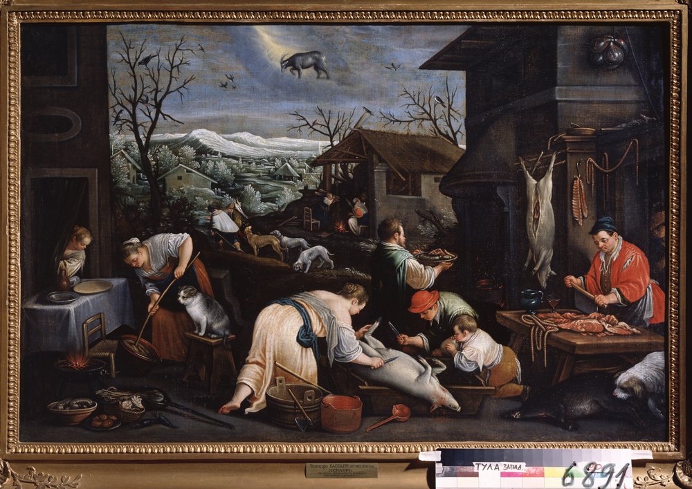 ""El mes de diciembre"" (diciembre) Los cerdos son sacrificados. Símbolo de signo de Capricornio en el cielo. Pintura de Leandro Bassano da Ponte (1557-1622) 1595-1600 Museo Estatal de Arte Tula Rusia de Leandro da Ponte Bassano