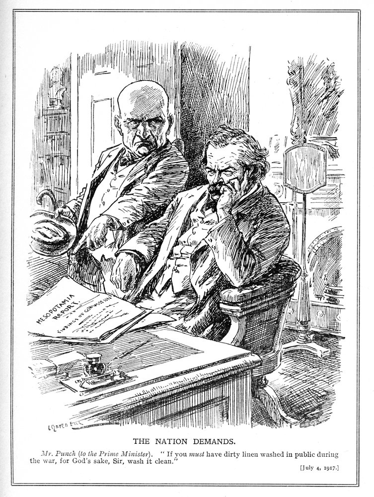 Lloyd George es reprendido por Mr. Punch sobre el informe de la invasión británica de Irak (Mesopotamia) en 1914, caricatura de la revista Punch, julio de 1917 de Leonard Raven-Hill