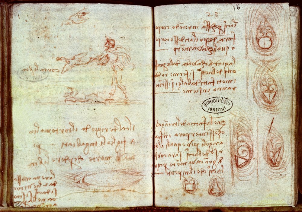 Estudio de las diferentes cualidades aerodinámicas de formas variadas con un boceto de un hombre y dos pájaros, Ms 7 de Leonardo da Vinci