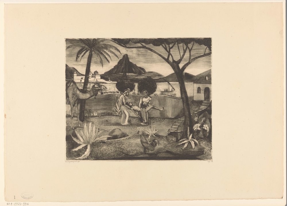 Dos hombres cargando a un hombre en un jardín de Lodewijk Schelfhout (signed by artist)