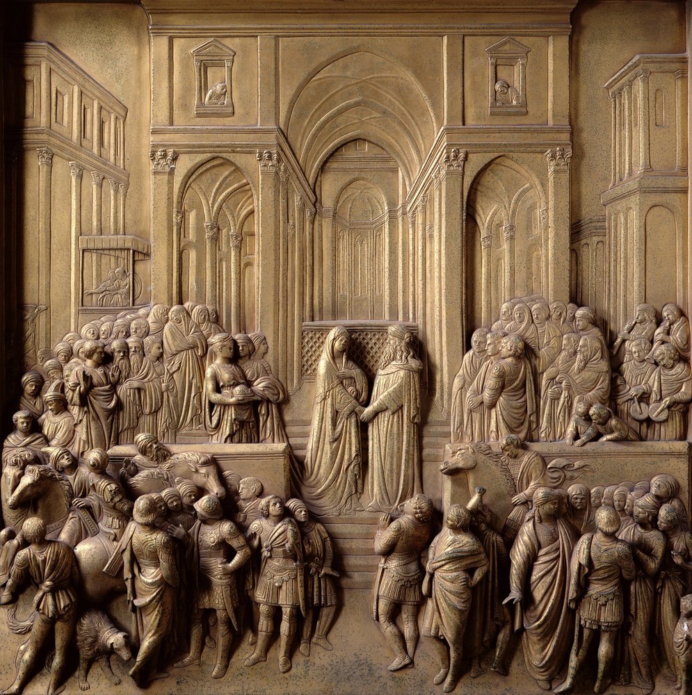 El encuentro del rey Salomón y la reina de Saba, uno de los diez paneles en relieve de las Puertas del Paraíso (puertas orientales), 1425-52 de Lorenzo Ghiberti